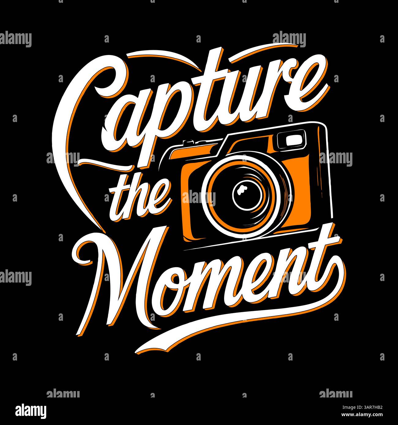 Halten Sie den Moment fest. Motivationsfotografie mit T-Shirt-Design und moderner Kamera. Stock Vektor