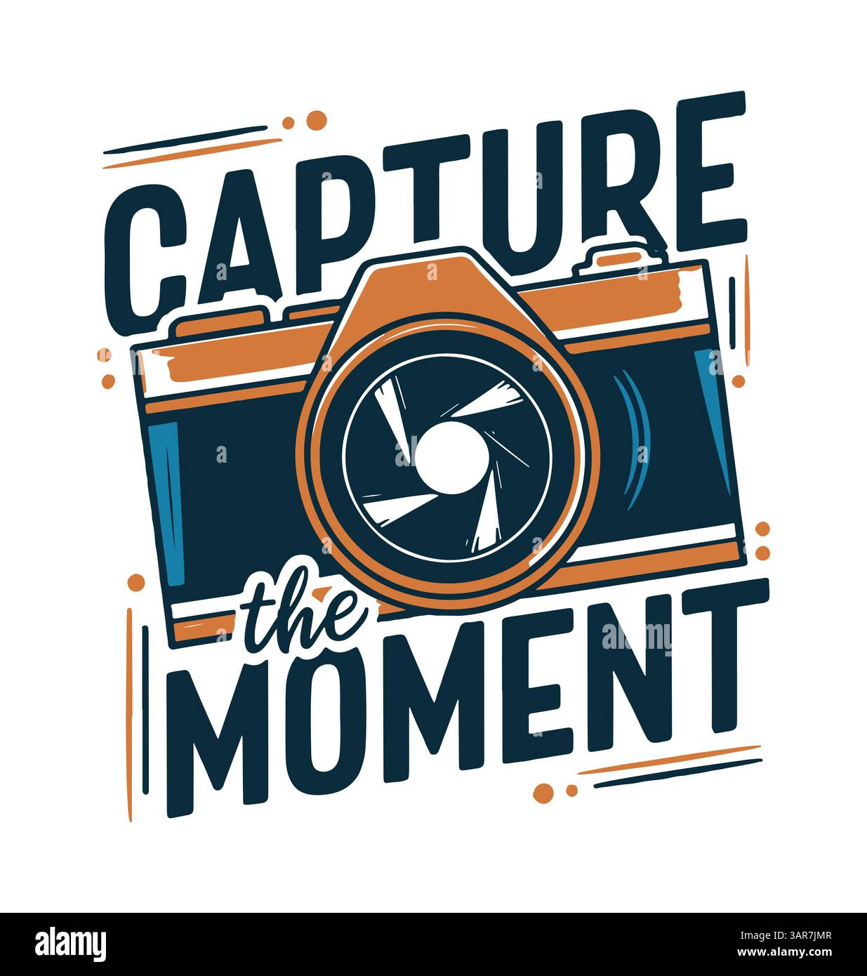 Halten Sie den Moment fest. Motivationsfotografie mit T-Shirt-Design und moderner Kamera. Stock Vektor