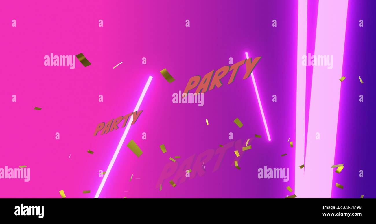 Goldenes Konfetti, das über Partytextbanner fällt, gegen Neonformen auf verlaufendem Hintergrund Stockfoto