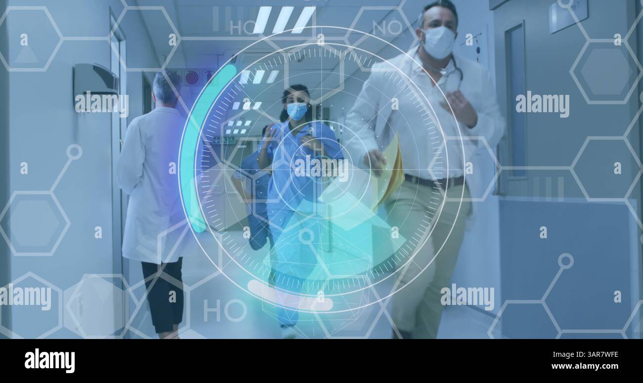 Bild von Umfang und Datenverarbeitung über verschiedenartiges medizinisches Personal in Gesichtsmasken Stockfoto