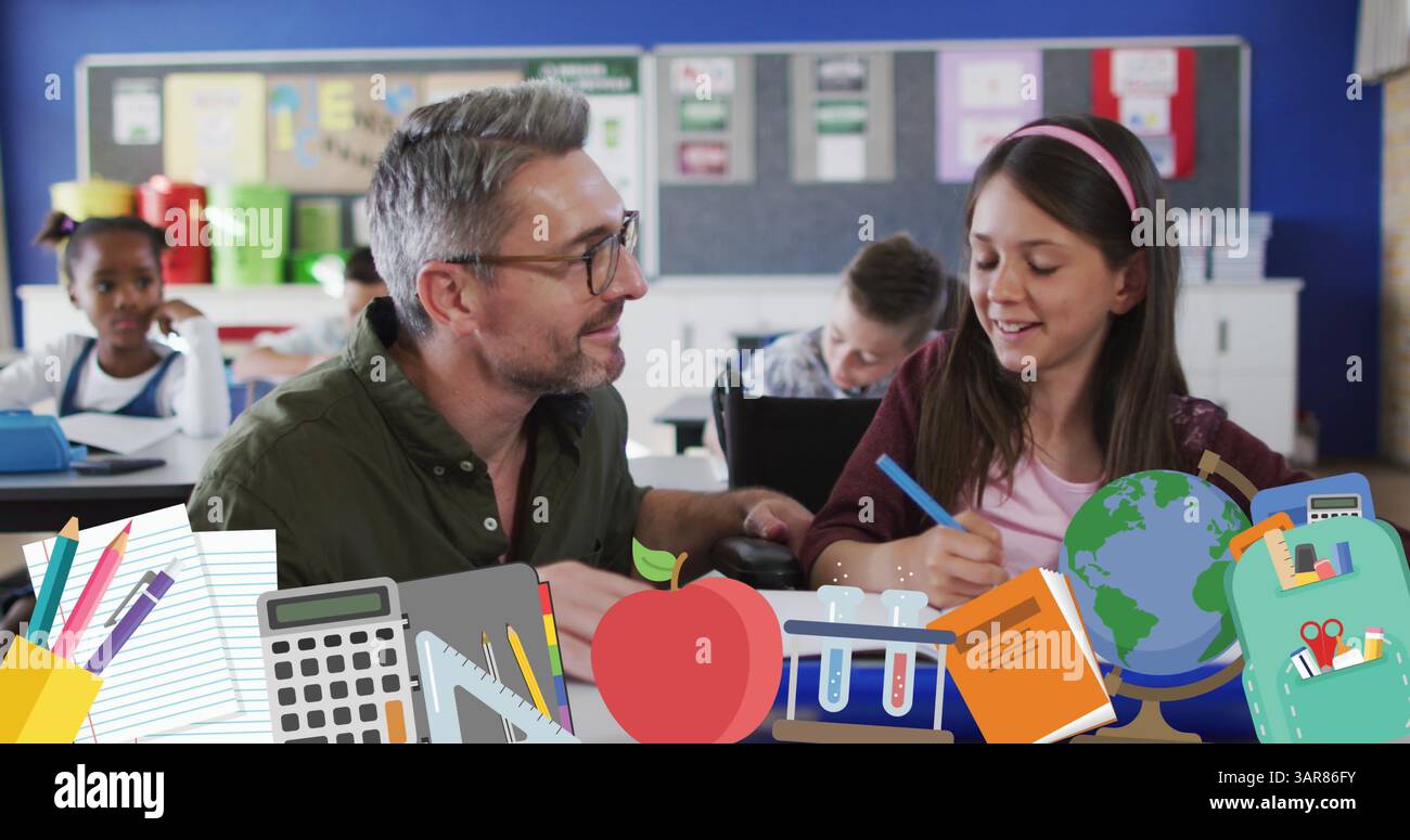 Bild von Schulsymbolen über männlichen Lehrern und Schulkindern im Klassenzimmer Stockfoto