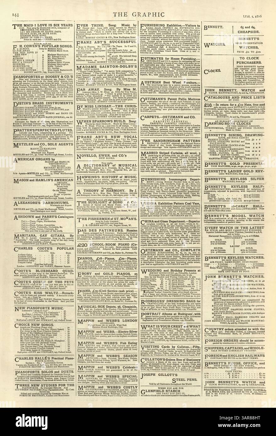 Seite von Vintage-Zeitungsanzeigen, viktorianisches 19. Jahrhundert, 1870er Jahre, Musik Stockfoto