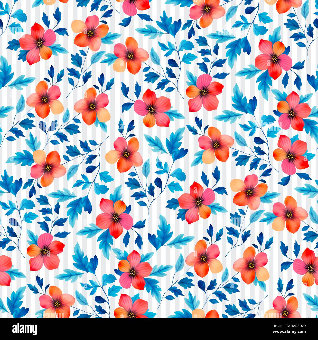 Nahtlose Blumen in Aquarellfarben mit Streifen. Handgezeichnete Digitale Blumenabbildung. Stockfoto
