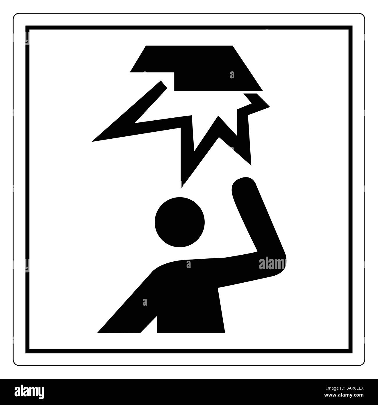 Ein markantes schwarz-weißes Symbol, das eine Person darstellt, die ein Objekt über sich hält und Aktion und Energie symbolisiert. Perfekt zur Förderung dynamischer Bewegungen o Stock Vektor