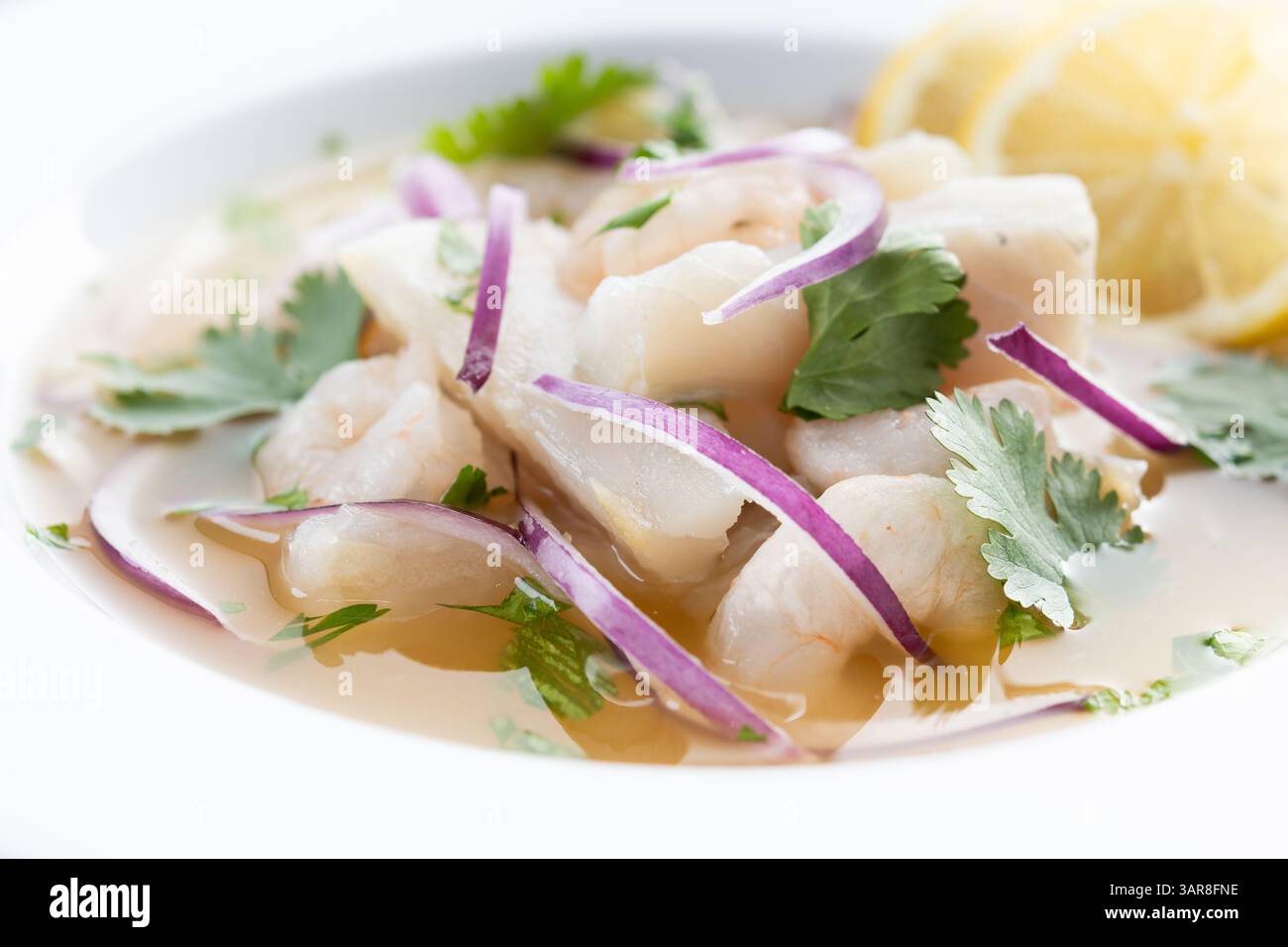 Traditionelles peruanisches Ceviche-Wolfsbarschfilet isoliert auf weißem Hintergrund. Stockfoto