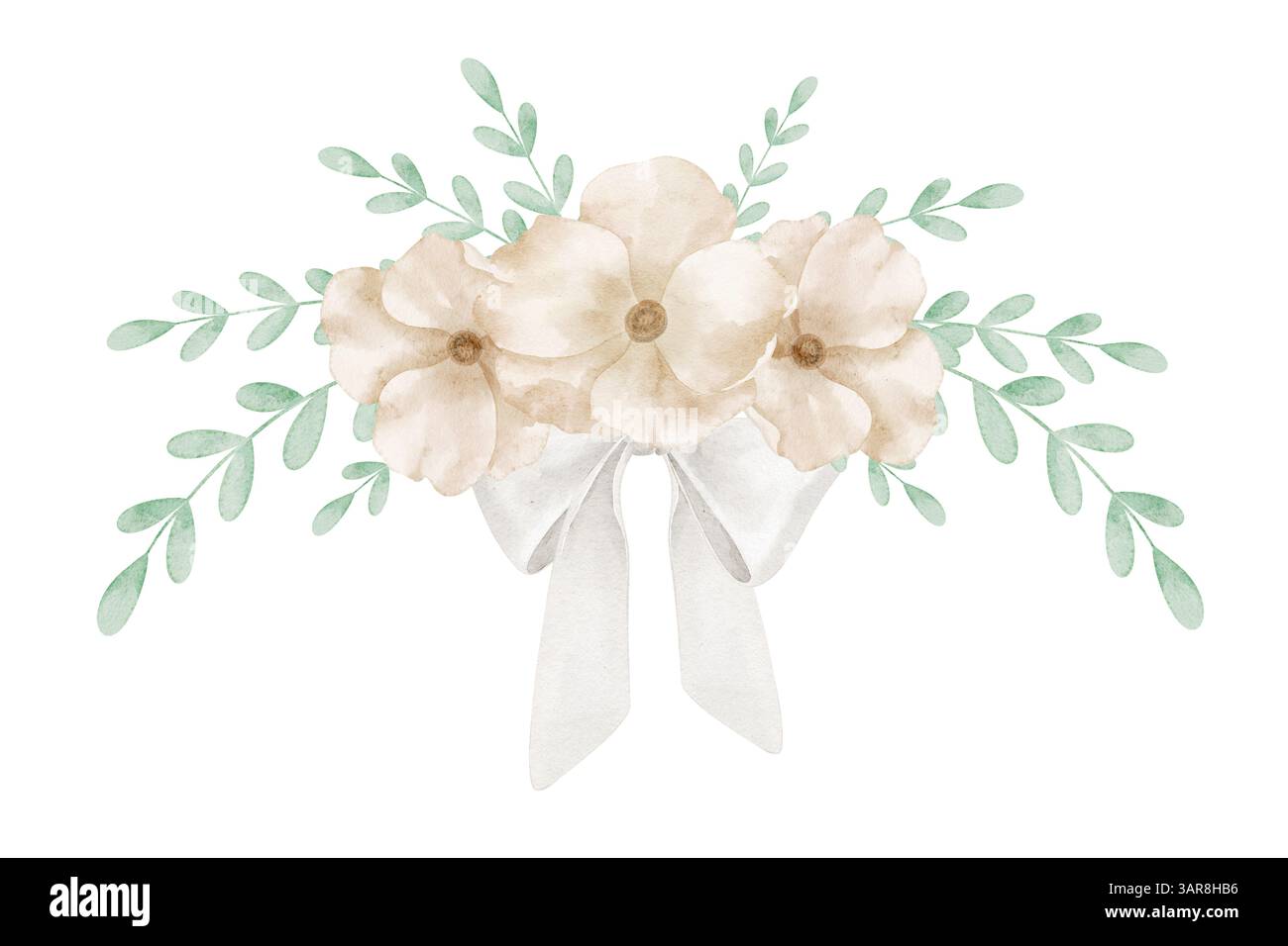 Aquarellflorales Arrangement mit neutralen Blüten und grünen Blättern. Illustration von beigen Pastellblumen für Hochzeitseinladungen oder Neugeborenen-Partygrußkarten. Botanische Zeichnung für Schreibwaren. Stockfoto