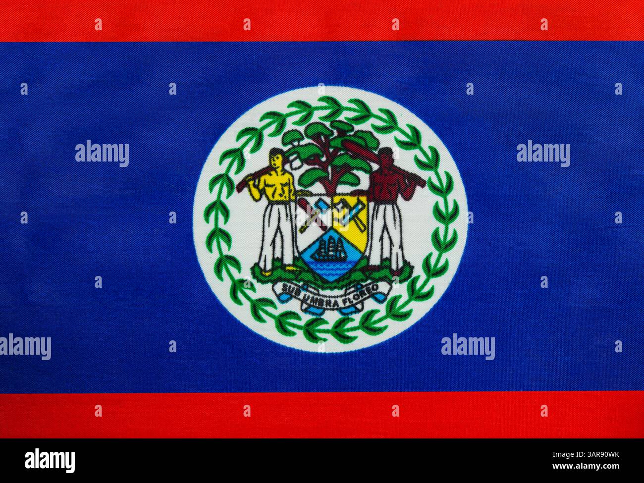 Die Belize-Nationalflagge hat einen blauen Hintergrund mit roten Rändern, die das nationale Emblem in der Mitte zeigt. Farben symbolisieren die ide des Landes Stockfoto