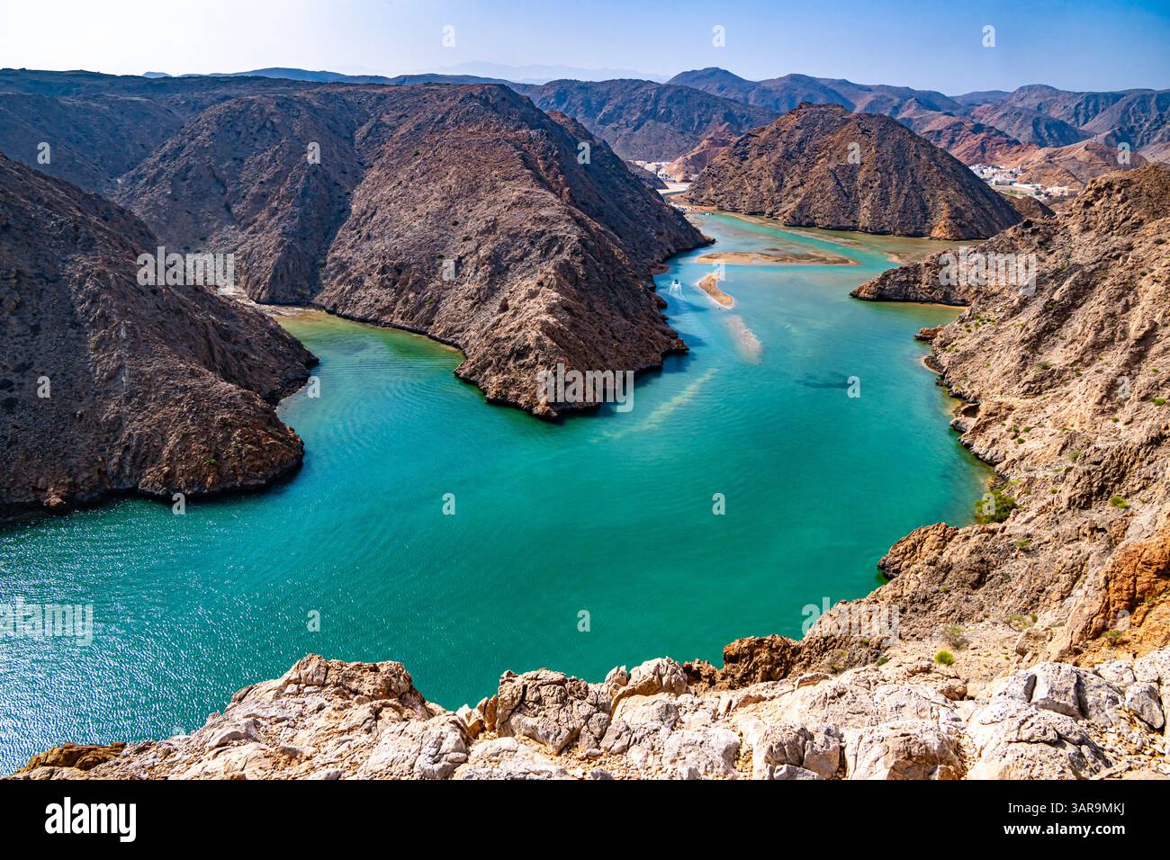 Blick auf die Yenkit Bay in Maskat Governorate, Oman Stockfoto