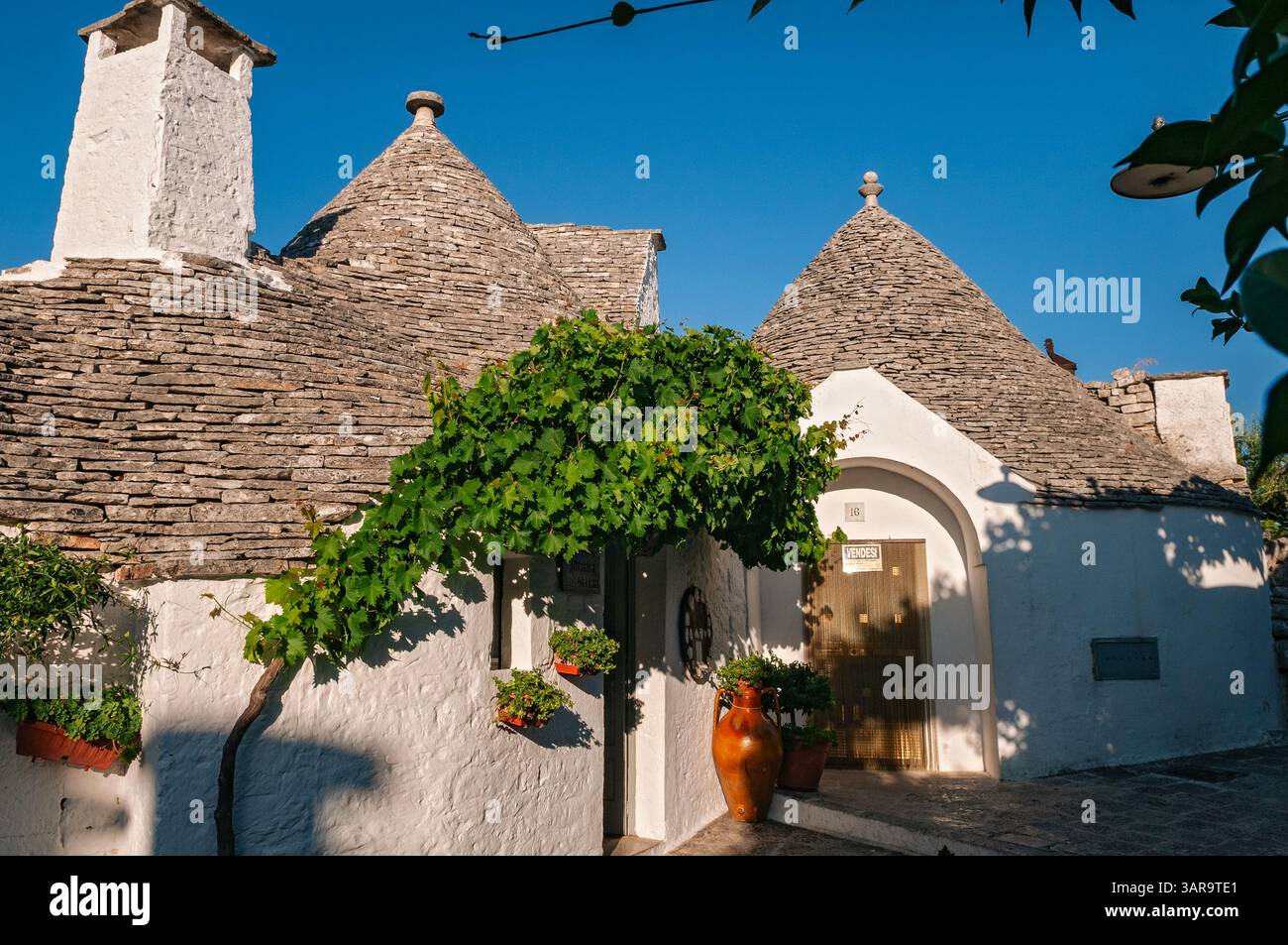 Trullo und blauer Himmel in Alberobello, Apulien, Italien Stockfoto
