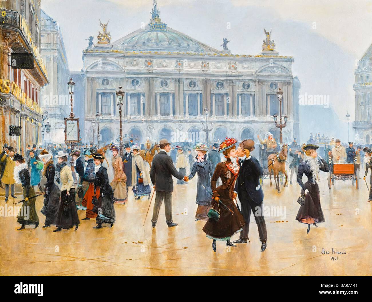 Jean Beraud Gemälde, L’arrivée des Midinettes, (Ankunft der Midinettes), Öl auf Tafel, 1901 Stockfoto