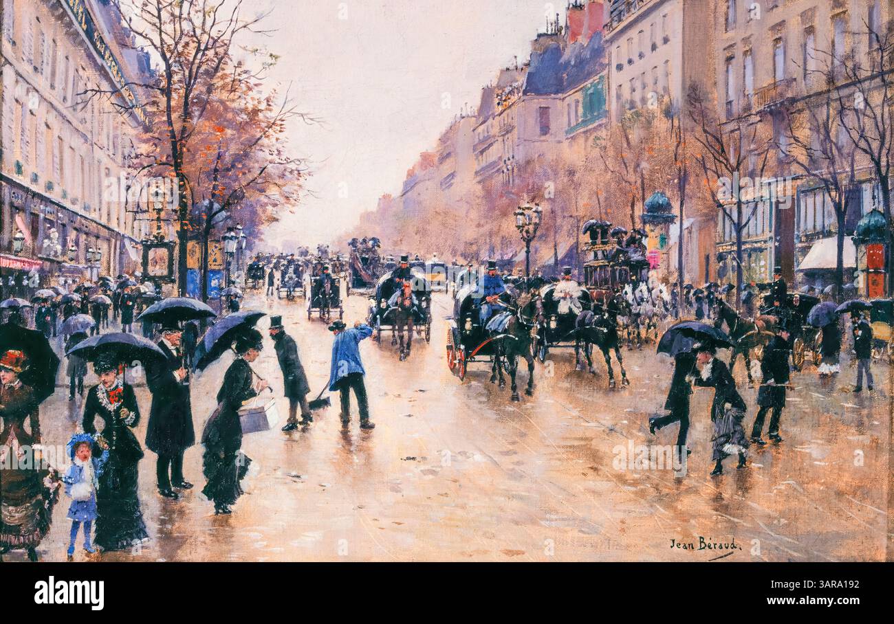 Jean Beraud, Le Boulevard Poissonnière sous la pluie, (Boulevard Poissonnière im Regen), Ölgemälde auf Leinwand, um 1880 Stockfoto