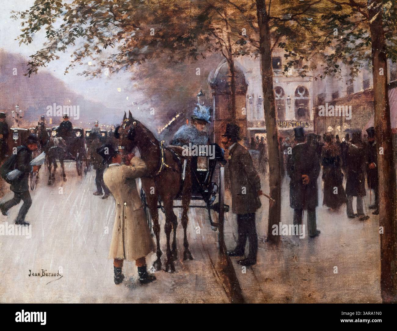 Jean Beraud, Le Boulevard des Capucines, le Soir, devant le Café Napolitain, (Paris), (Boulevard des Capucines am Abend vor dem Café Napolitain), Ölgemälde auf Leinwand, um 1880 Stockfoto