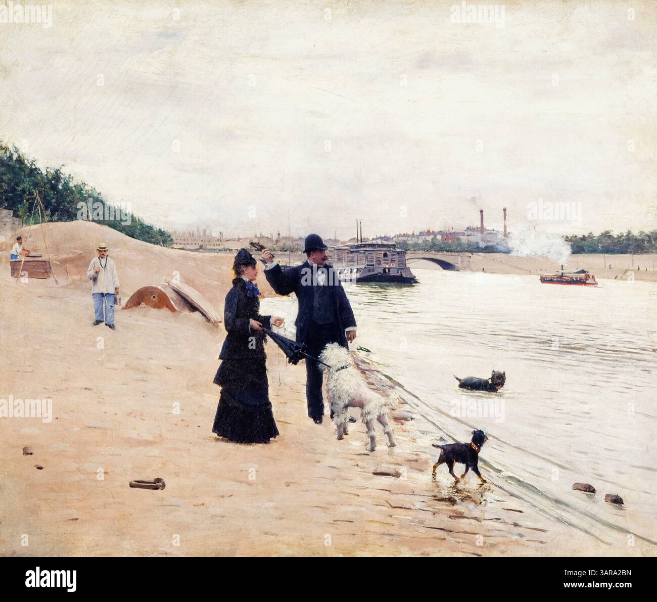 Jean Beraud, Les berges de la seine, (seine-Ufer), Ölgemälde auf Leinwand, 1880 Stockfoto