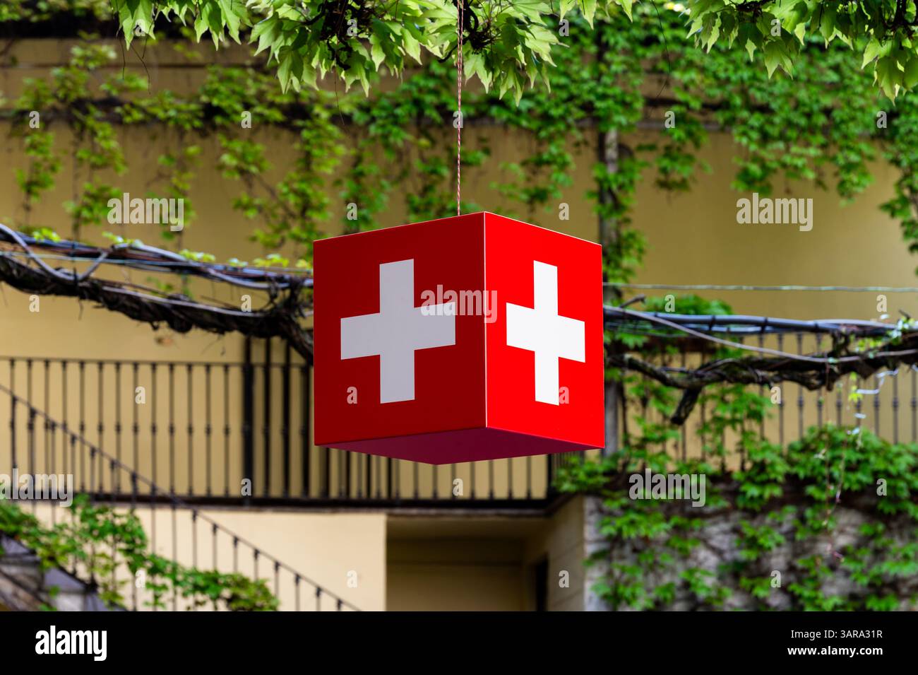 Roter Würfel mit weißem Kreuz, Symbol der Schweiz, hängt an einem Baumzweig Stockfoto