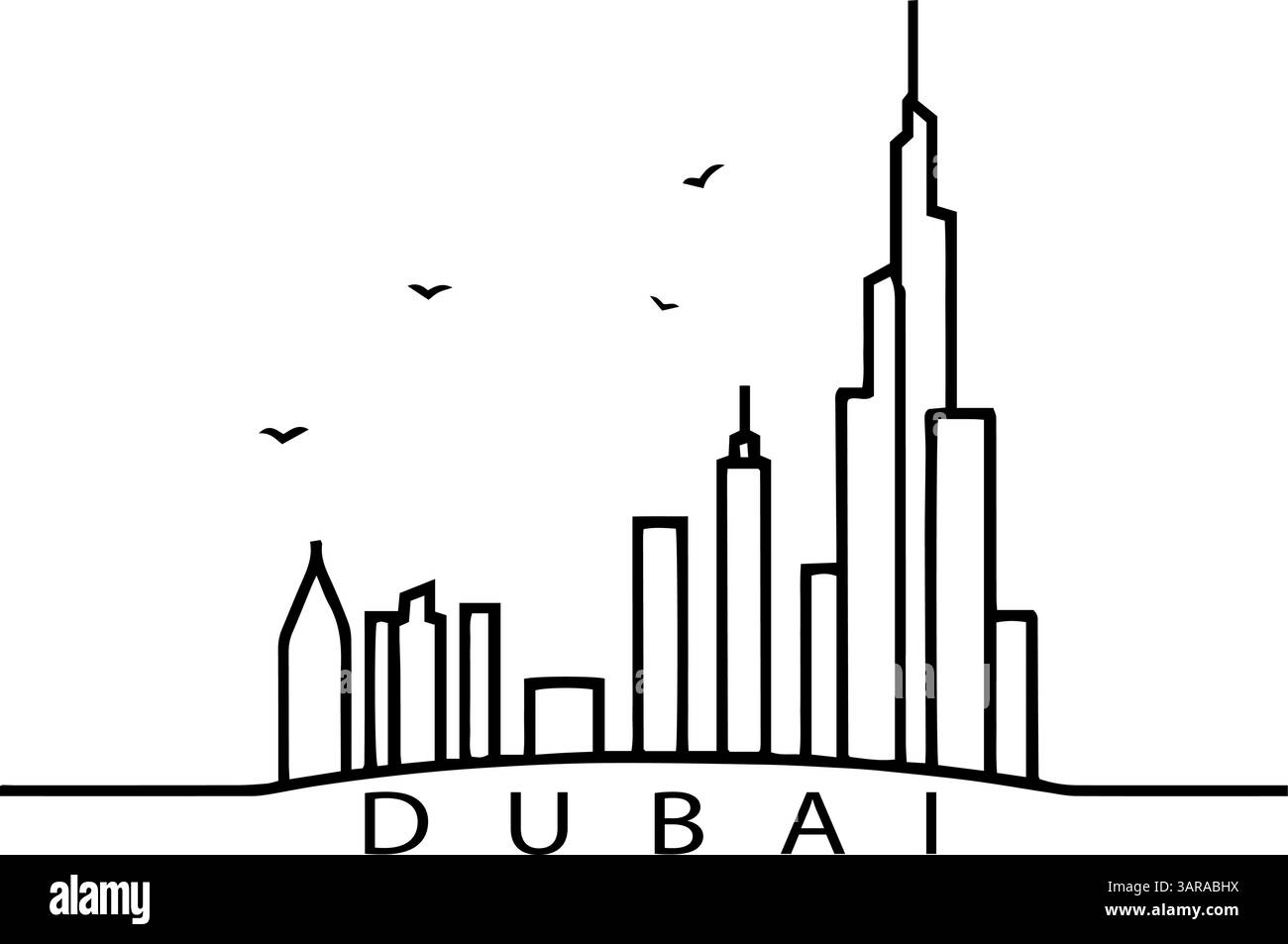 Skyline von Dubai Kunstillustration. Wolkenkratzer, Vögel. Reisebüros Tourismusangebote. Minimalistischer Stil, weißes Logo mit Linienzeichnung Stock Vektor