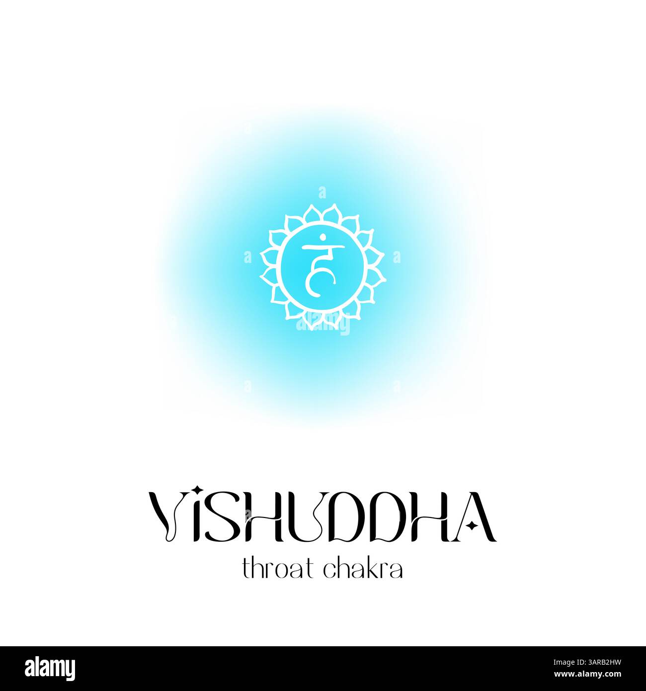 Vishuddha-Rachenchakra-Symbol in blauer strahlender Aura auf weißem Hintergrund Stock Vektor