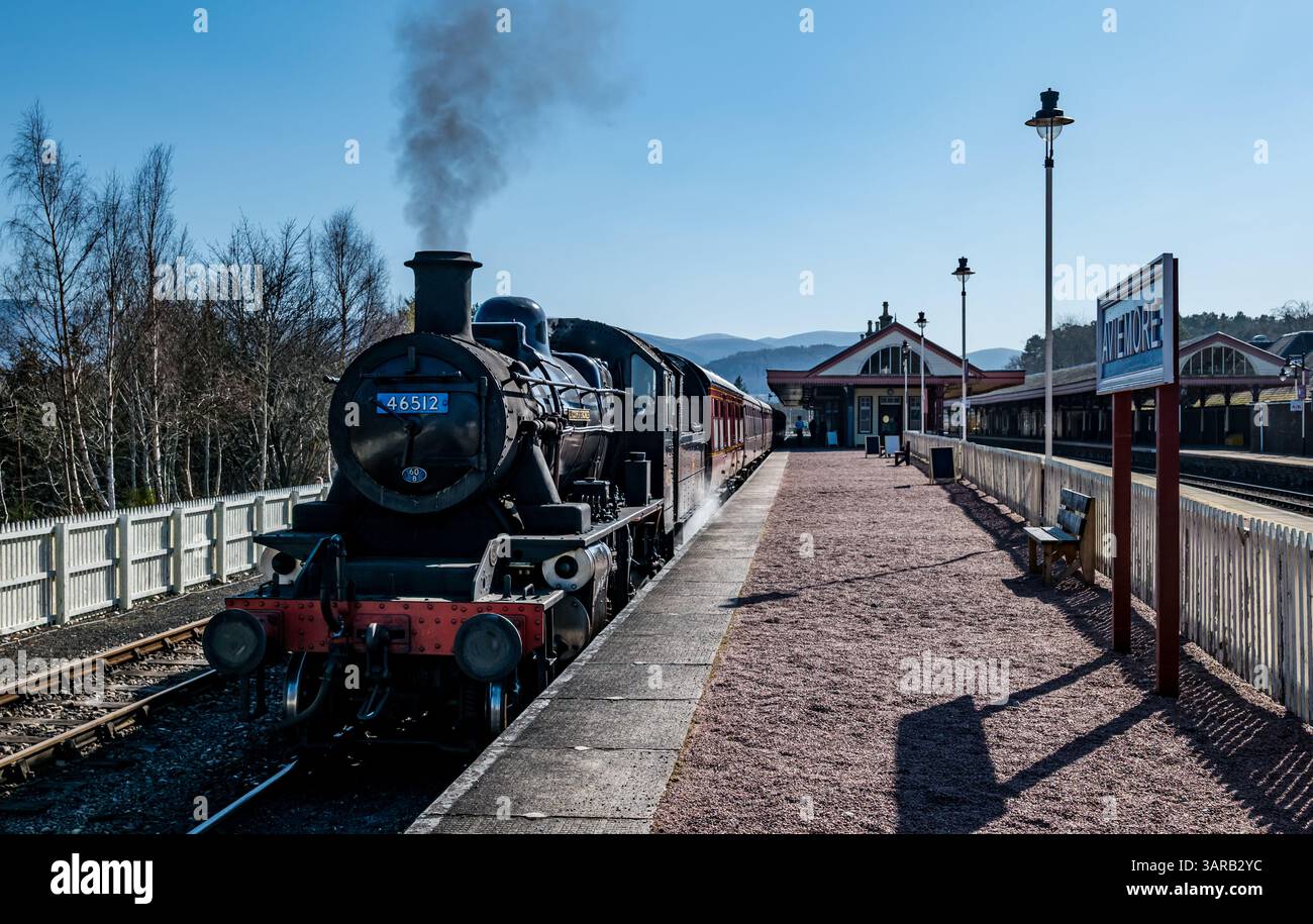 Heritage Strathspey Dampflokomotive ab Bahnhof Aviemore, Scottish Highlands, Schottland, Großbritannien Stockfoto