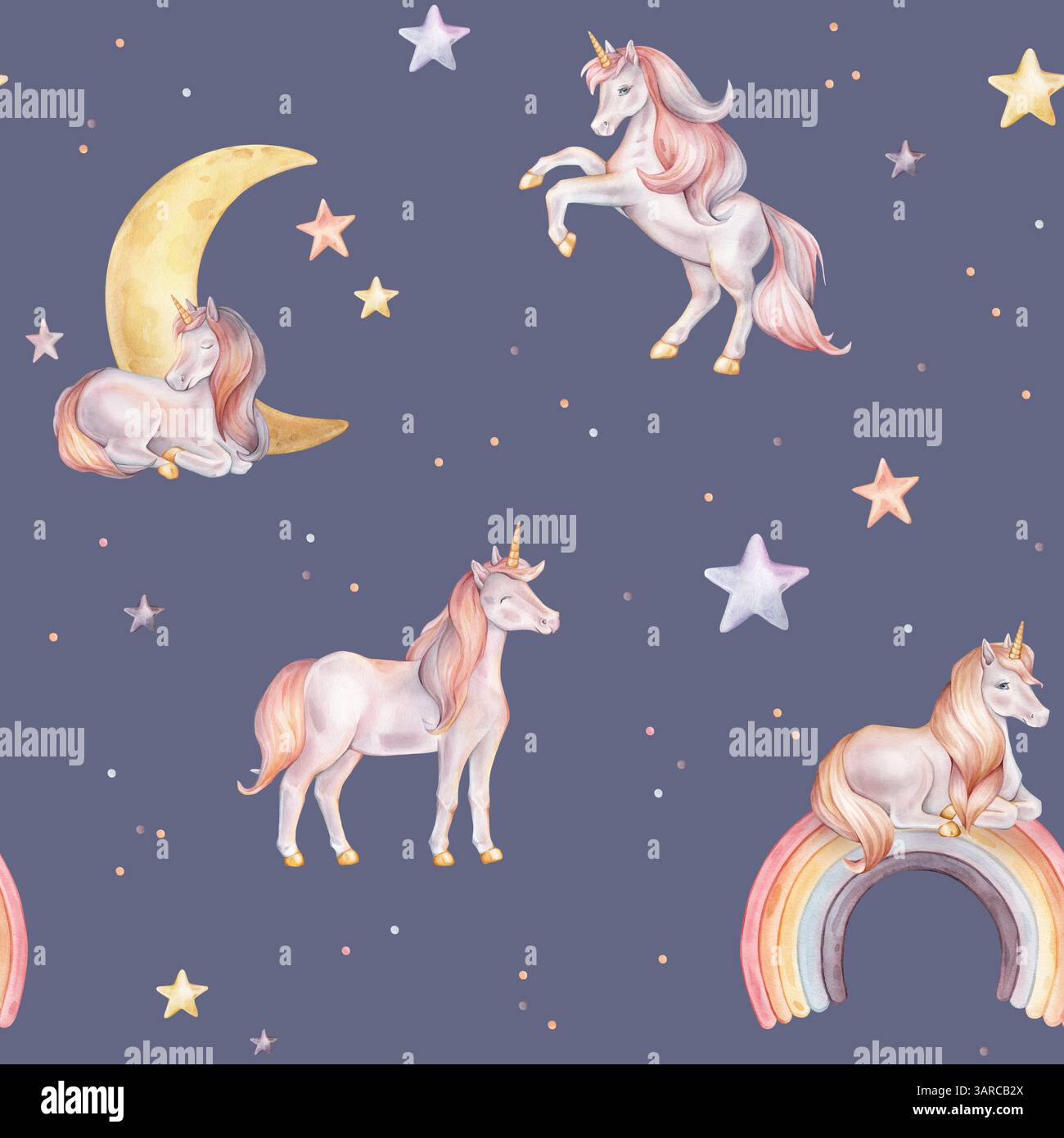 Nahtloses Aquarellmuster mit Einhorn und mehrfarbigen Sternen. Handgezeichnete Illustrationen des Hintergrunds für Kindertagetapeten, Babytextilien oder Stockfoto