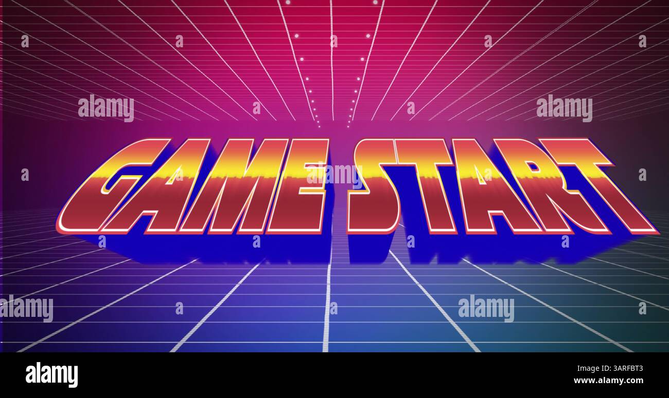 Digitales Bild eines Startzeichens, das auf dem Bildschirm vergrößert wird, während der Hintergrund grüne quadratische Umrisse zeigt Stockfoto