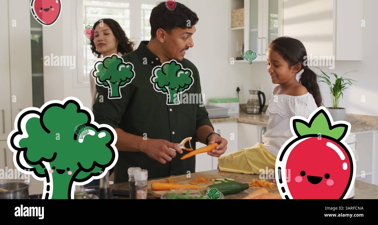 Bild von Ikonen über birassische Familie in der Küche Stockfoto