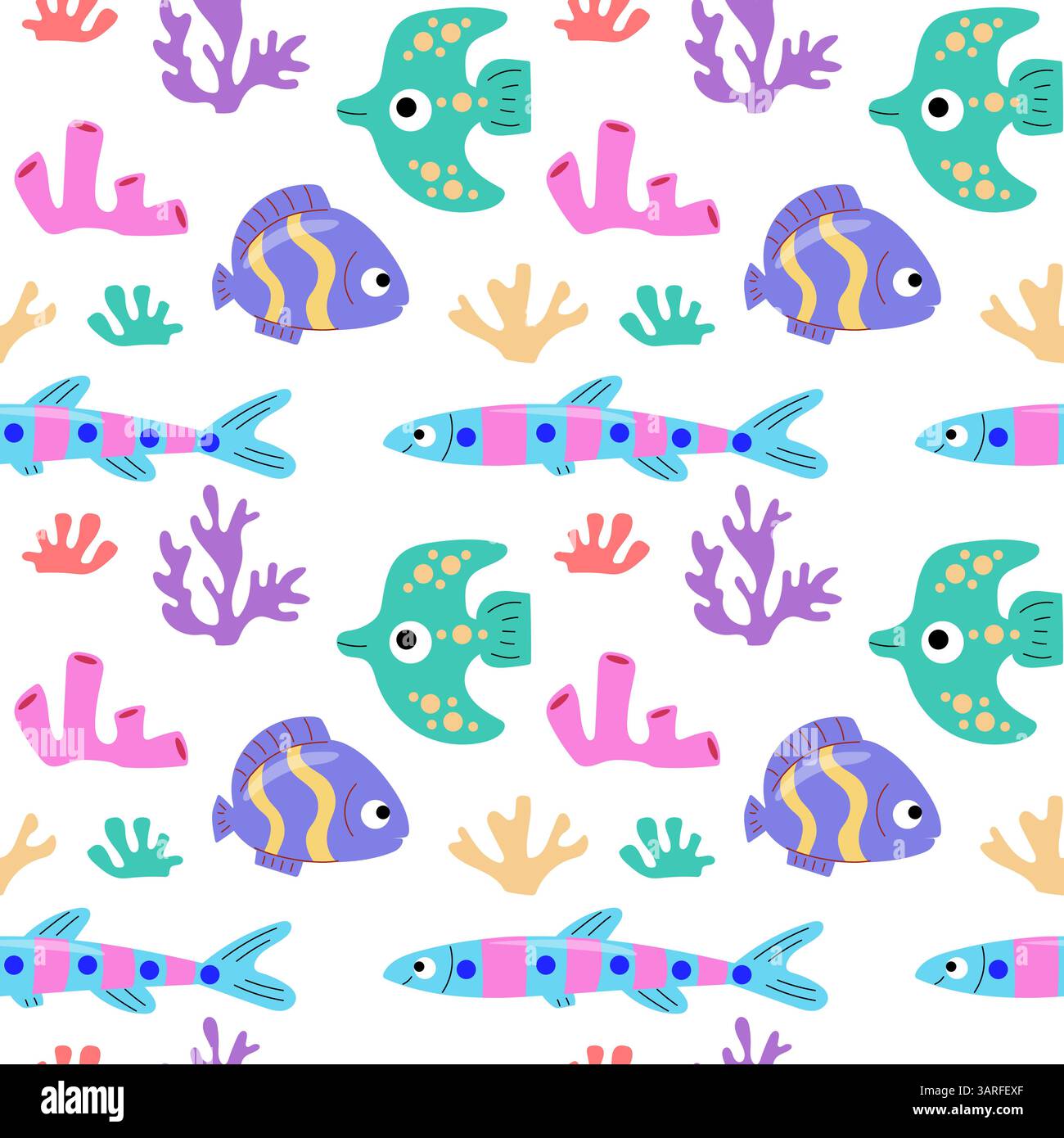 Ein lebendiges und verspieltes nahtloses Muster mit bunten Fisch- und Korallenriffen, perfekt für Designs mit Meeresmotiven, Textilien und Produkte für Kinder. Stock Vektor