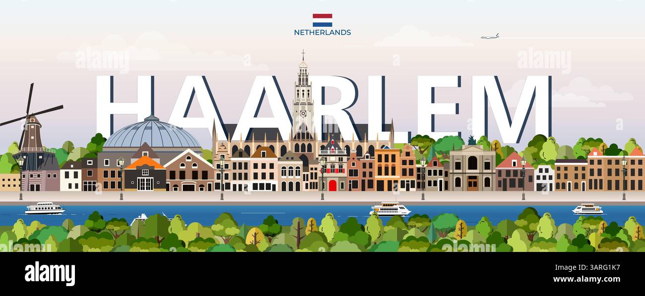 Haarlem Stadtbild bunte Vektorillustration mit großem Stadtnamen auf dem Hintergrund. Trendiges Reiseposter Stock Vektor