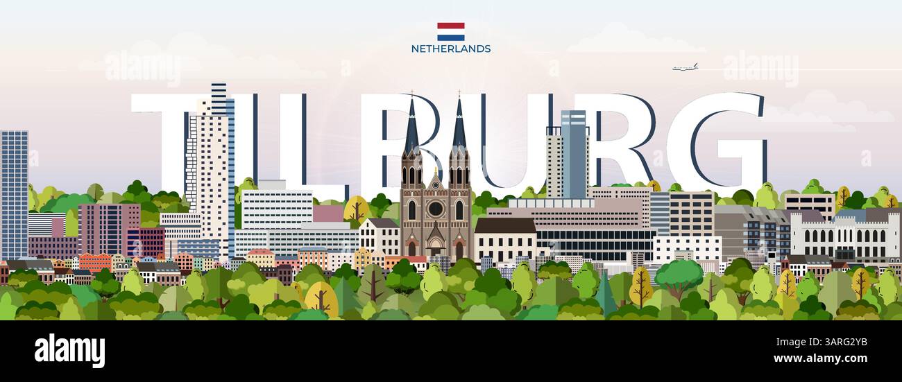 Tilburg Cityscape bunte Vektor-Illustration mit großem Stadtnamen auf dem Hintergrund. Trendiges Reiseposter Stock Vektor