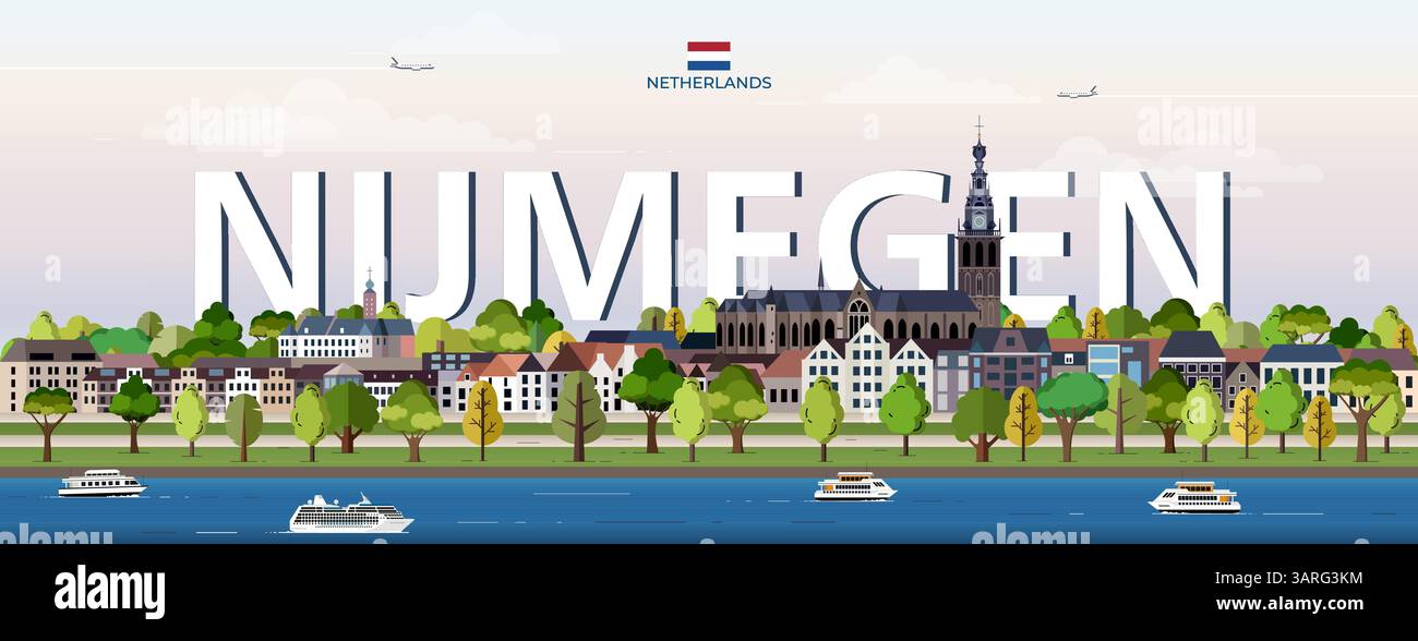 Nijmegen Stadtbild bunte Vektor-Illustration mit großem Stadtnamen auf dem Hintergrund. Trendiges Reiseposter Stock Vektor