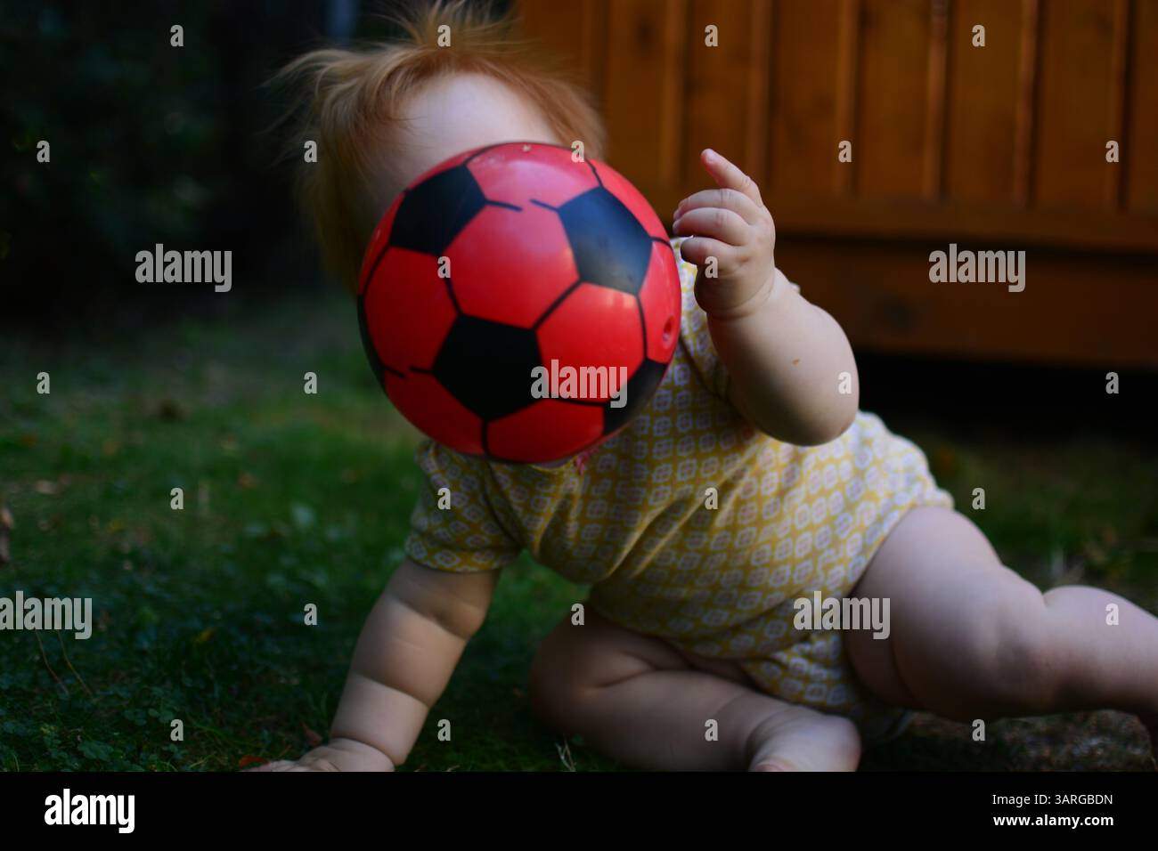 Rotes Haar Baby Mädchen in gelbem Body spielt in einem Hinterhof mit rotem und schwarzem Fußball. Kleinkind Mädchen sitzt draußen auf Gras und wirft b Stockfoto