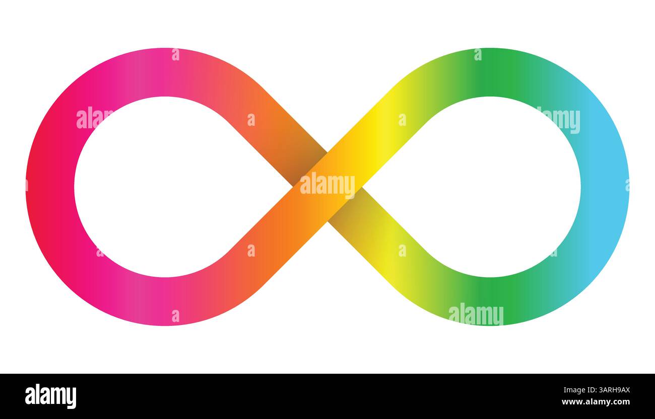 Autismus-Regenbogen-Unendlichkeitszeichen. Autistisches Spektrum. Regenbogenverlauf in Form des Unendlichkeitssymbols. Acht Zeichen farbenfroher Verlauf. Stock Vektor