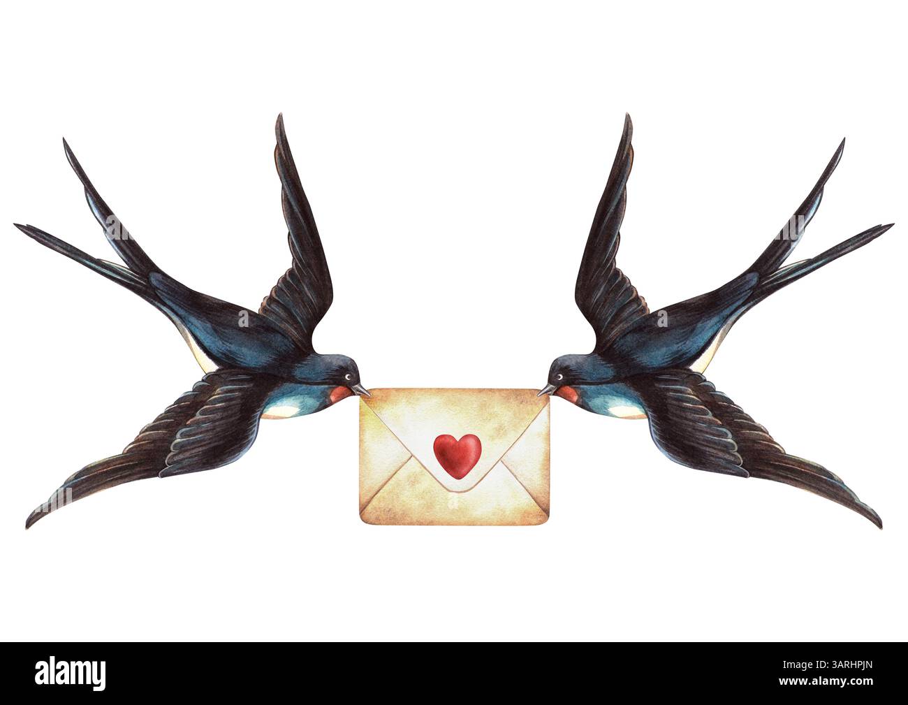 Slulows Birds Valentinstag Liebesumschlag mit Herz im Vintage-Stil. Aquarellillustration mit romantischem Buchstaben. Perfekt für Postkarten Stockfoto