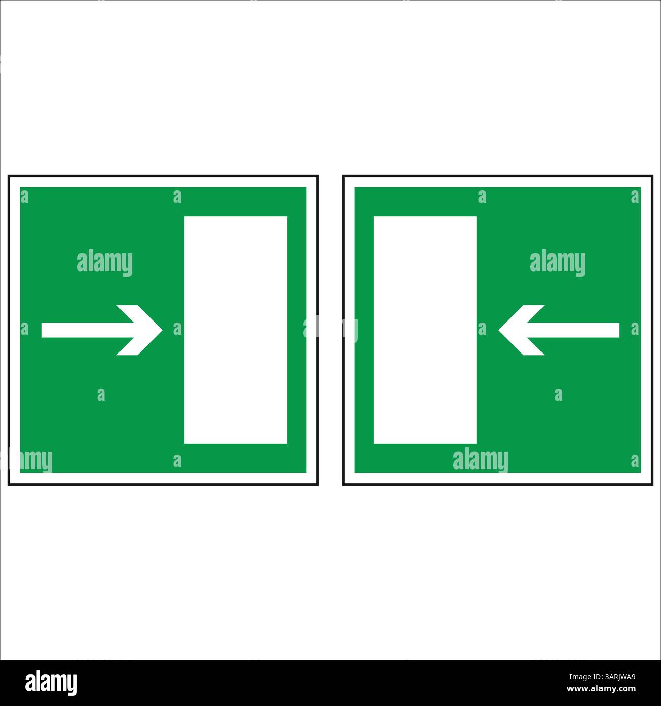 Paar Notausstiegsschilder, die die Öffnungsrichtung der Schiebetür anzeigen, mit weißen Pfeilen auf grünem Hintergrund Stock Vektor