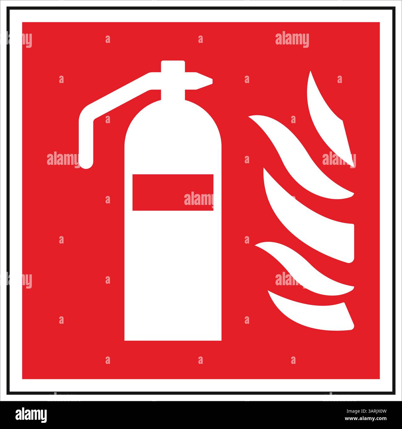 Weißer Feuerlöscher und stilisierte weiße Flammen auf rotem Hintergrund für Brandschutz und Brandschutz Stock Vektor