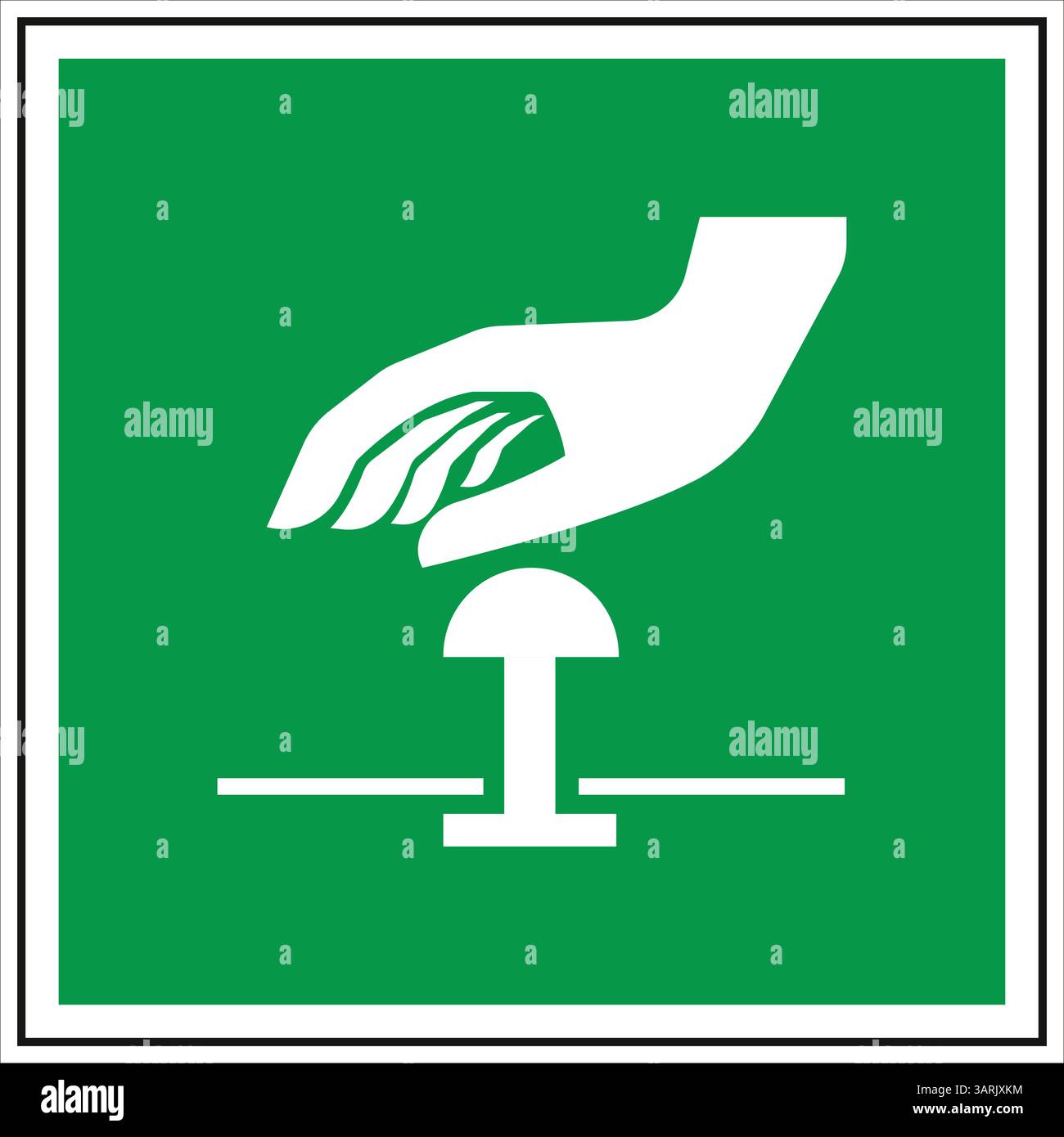 Weiße Hand, die gerade einen Notausschalter auf einem grünen Sicherheitsschild drückt Stock Vektor