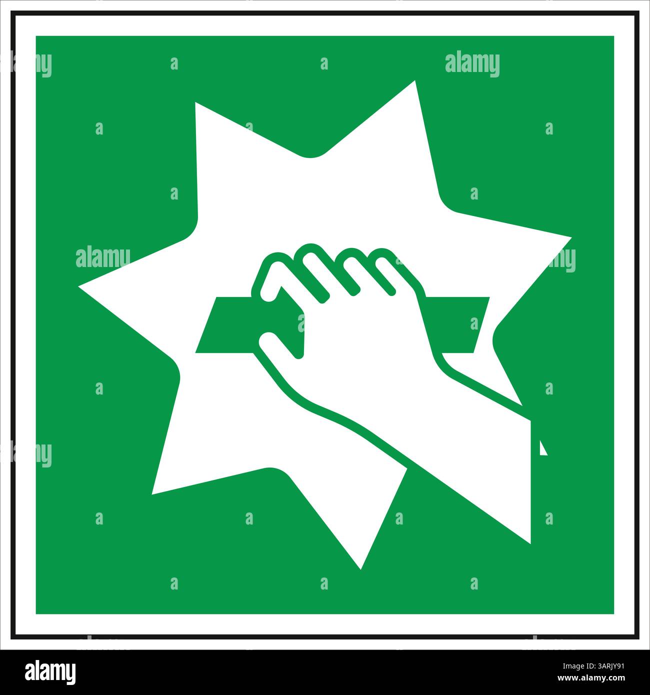 Notsignal, Aktivierung des manuellen Feuermeldesystems durch Drücken des Glasbruchpunktes mit den Händen, auf grünem Notfallschild Hintergrund Stock Vektor