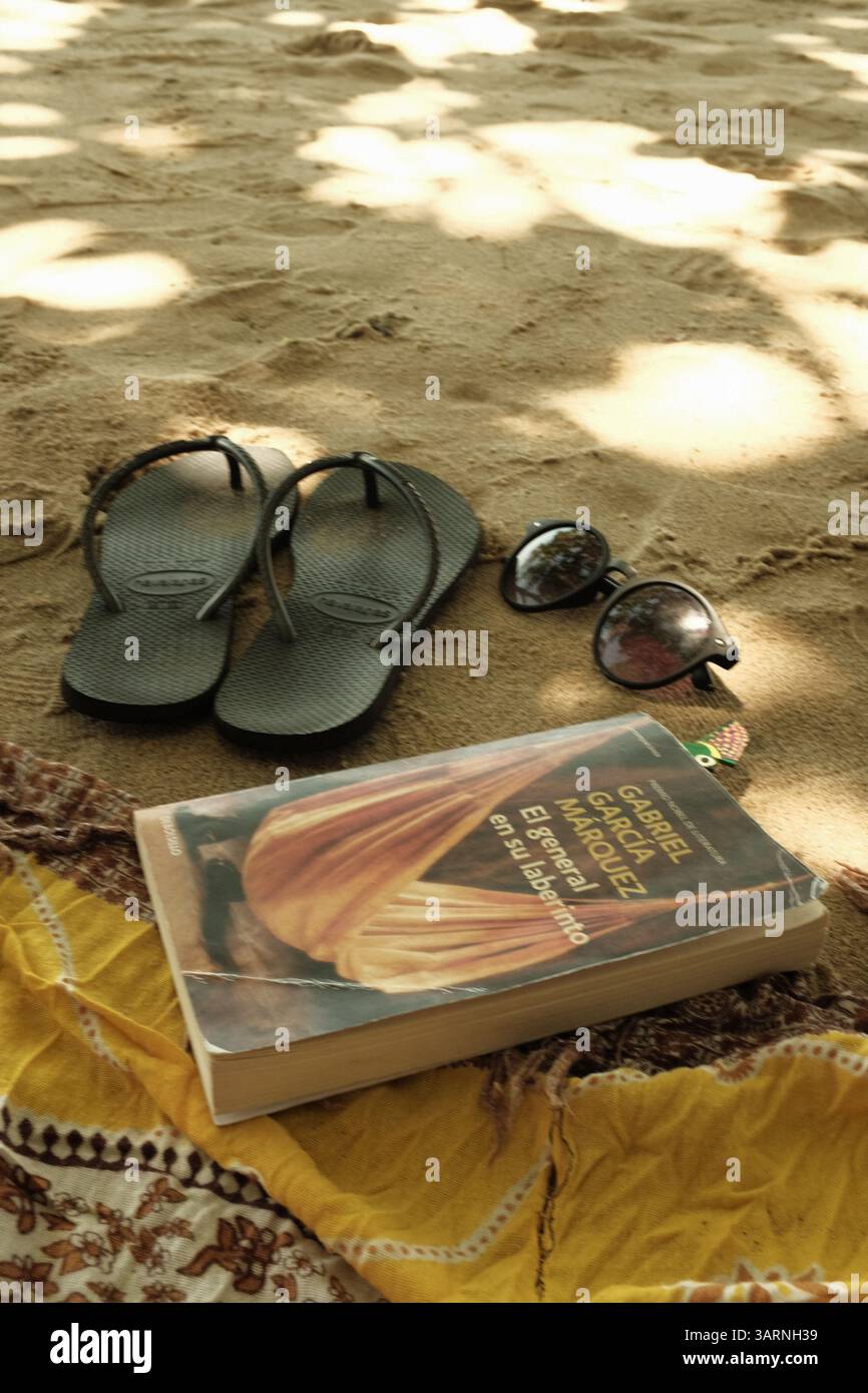 Buchen Sie am Strand eine Sonnenbrille, und zeigen Sie eine entspannende Urlaubsstimmung. Stockfoto