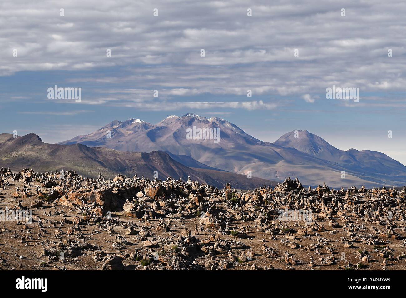 Schneebedeckte Berge und Chachani Vulkan vom Aussichtspunkt Los Andes, Patapampa, Arequipa, Peru Stockfoto