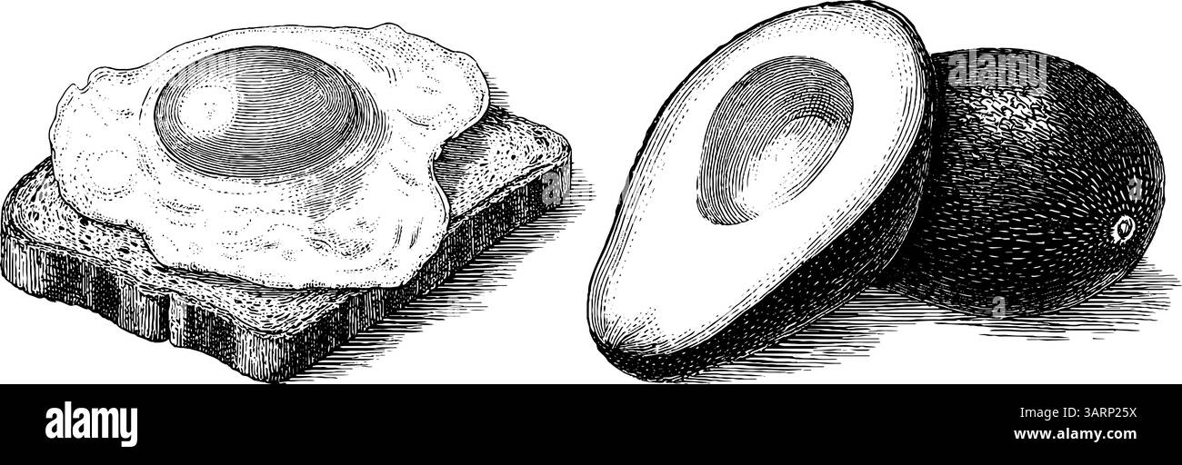 Set mit gravierten Essensbildern mit Spiegelei, Toast und Avocado. Stock Vektor