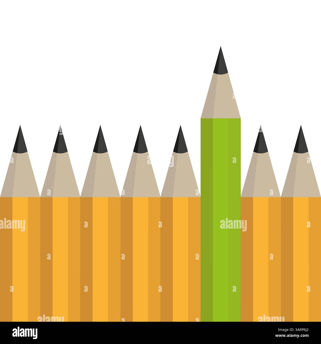 Grüner Bleistift herausragend. Anderes Farbwerkzeug. Kreativer Vektorkontrast. Gruppierte Zeichnungsobjekte. Stock Vektor
