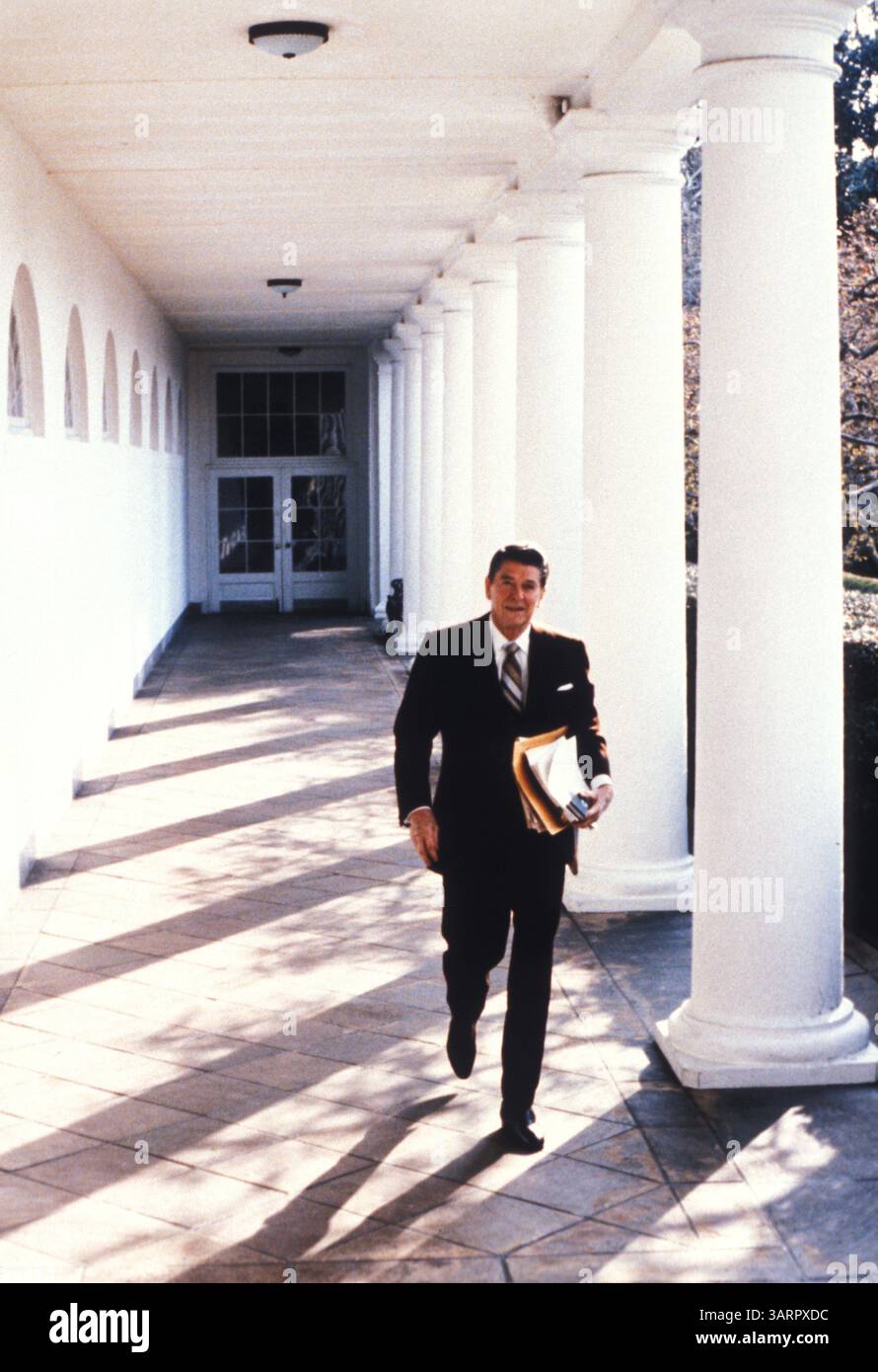 April 1981; Washington, DC, USA; der 40. US-Präsident (1981–89) RONALD WILSON REAGAN (auch bekannt als der „Great Communicator“) wurde am 6. Februar 1911 in Tampico, Illinois, geboren. Reagan leidet an der Alzheimer-Krankheit, einer degenerativen Erkrankung, die das Gehirn beeinflusst und Gedächtnisverlust und Demenz verursacht. . IM BILD: Präsident Reagan geht zu seinem Büro im Weißen Haus von den Türen des Ostflügels unter dem Deckmantel des Säulengangs. (Bild: Michael Evans/ZUMAPRESS.com) Stockfoto