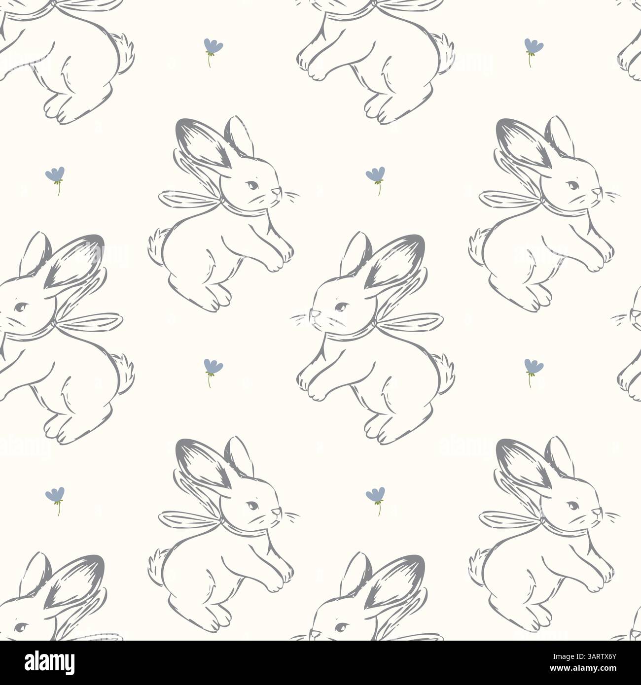 Nahtloses Vintage-Muster mit handgezeichneten Häschen und winzigen blauen Blumen bezauberndes Design für Kinderzimmer, Babytextilien und Frühlingsprojekte Stock Vektor