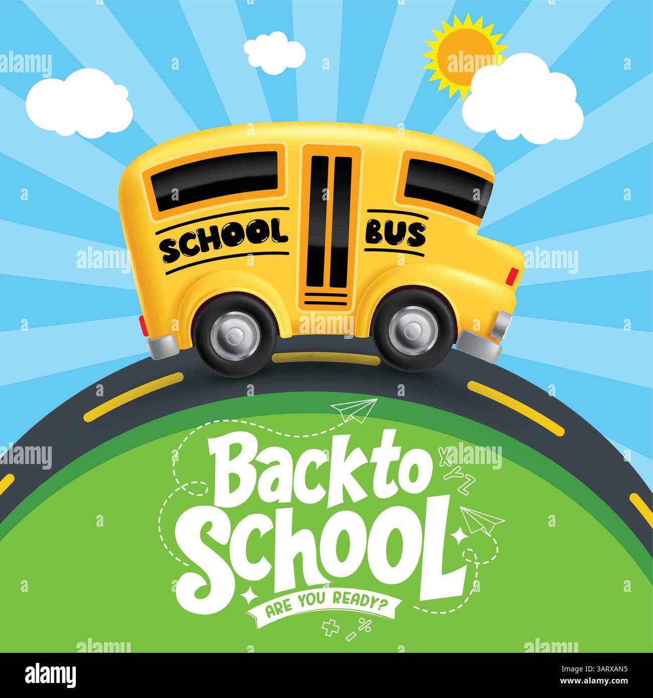 Clipart-Design für Schulbusse. Back to School Gruß Text Clip Art mit Kinder Schule Bus Service Elemente in Blue Sky Konzept Hintergrund Vektor Stock Vektor