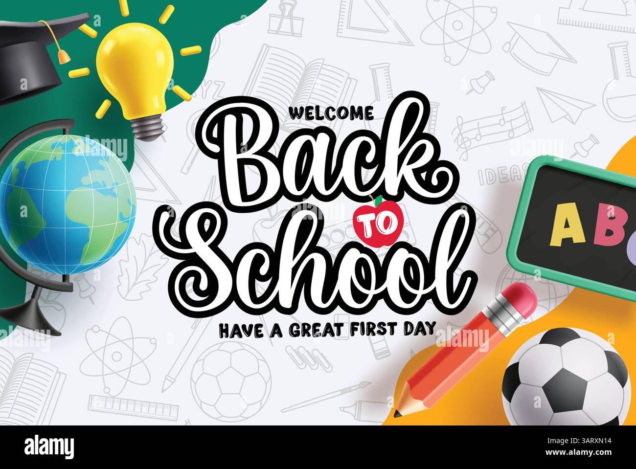 Zurück zur Schule Gruß Clipart Hintergrund. Willkommen zum Schultext in Kritzelhintergrund-Clip-Art mit Kugel, Bleistift, Kugel, Glühbirne und Tafel Stock Vektor