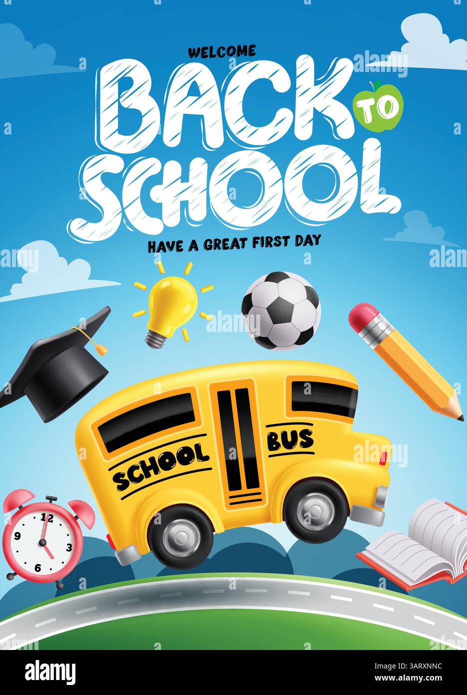Begrüßungs-Clipart-Poster für die Rückkehr zur Schule. Schulbus pädagogisches Clip-Art-Design für Kinder und Schüler Roadtrip-Konzept in blauem Himmel Hintergrund Stock Vektor