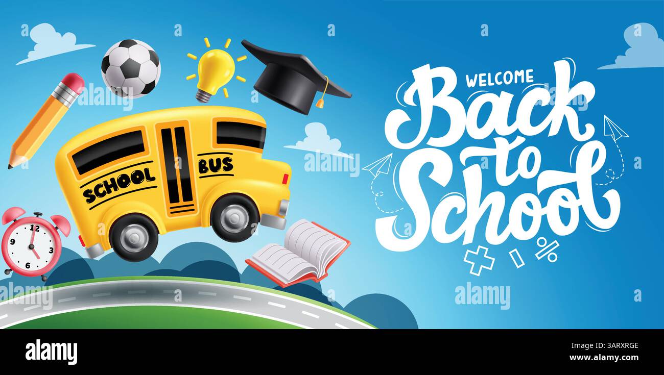 Zurück zur Schule Begrüßungsgrüße Clipart-Banner. Schulbus und Bildungselemente für die Ausbildung Roadtrip Clip Art Vorlage in blauem Himmel Hintergrund Stock Vektor