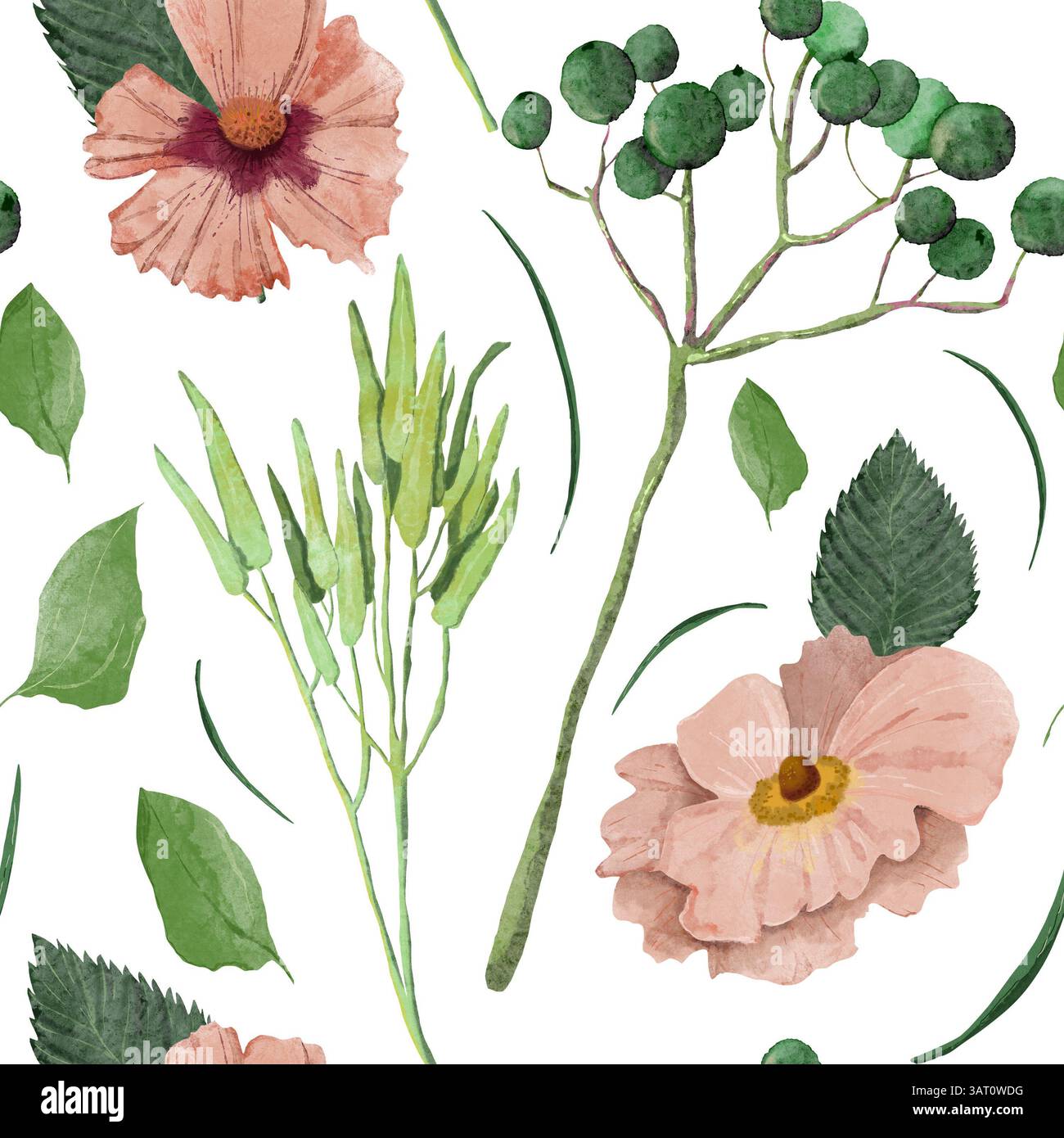Nahtloses Blumenmuster mit rosa Aquarellblumen, grünen Blättern, Zweigen und Gras. Handgezeichnete digitale Illustration mit weichen Texturen. Perfekt für Stockfoto