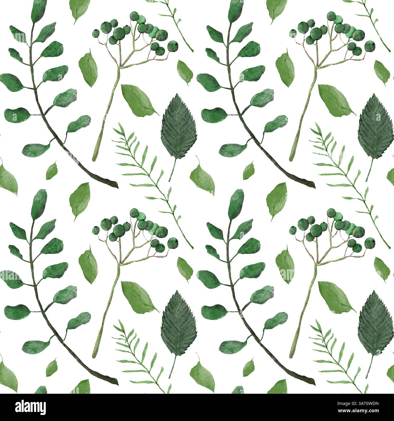 Nahtloses Blumenmuster mit rosa Aquarellblumen, grünen Blättern, Zweigen und Gras. Handgezeichnete digitale Illustration mit weichen Texturen. Perfekt für Stockfoto