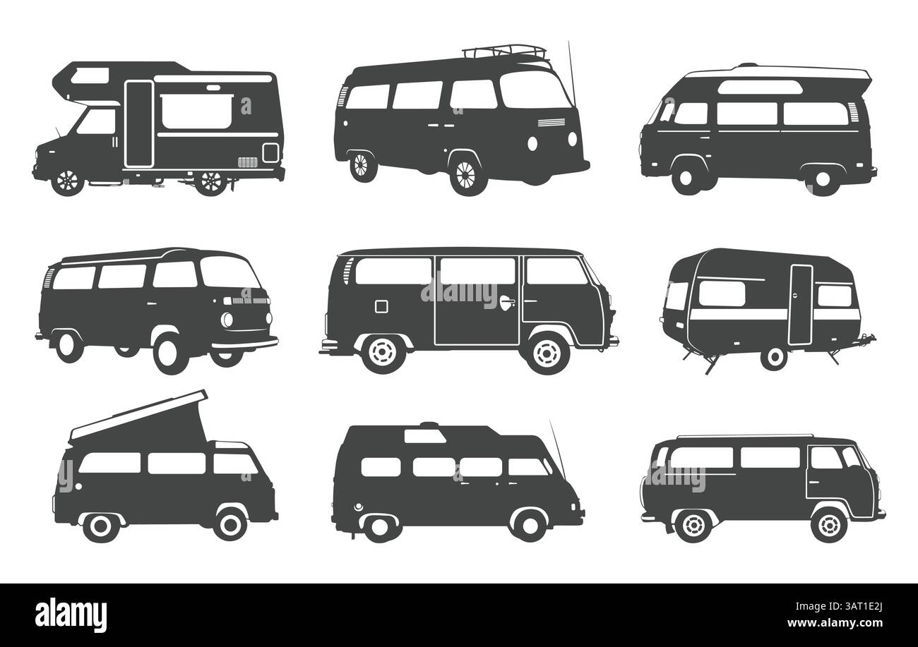 Vektoren für Wohnmobile, Silhouette für Wohnmobile, Silhouette für Wohnmobile, Vektor für Wohnmobile, Logo für Wohnmobile, Silhouette des Reisewagens, Vektor des Wohnwagens. Stock Vektor