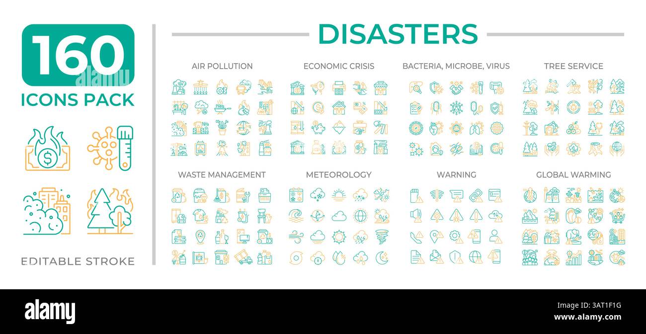 Disaster zwei Farblinien Symbole Set Collection Stock Vektor