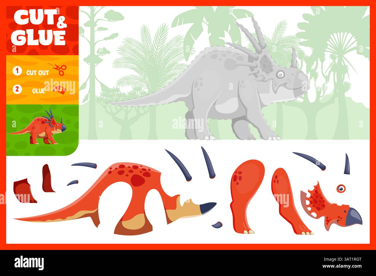 Schneide und klebe prähistorische Dinosaurier, Spieltabelle für Kinder. Vorschulerziehung Aktivität Vektor-Rätsel Quiz Spiel mit Logikaufgabe von Cut-out, Match und Glu Stock Vektor